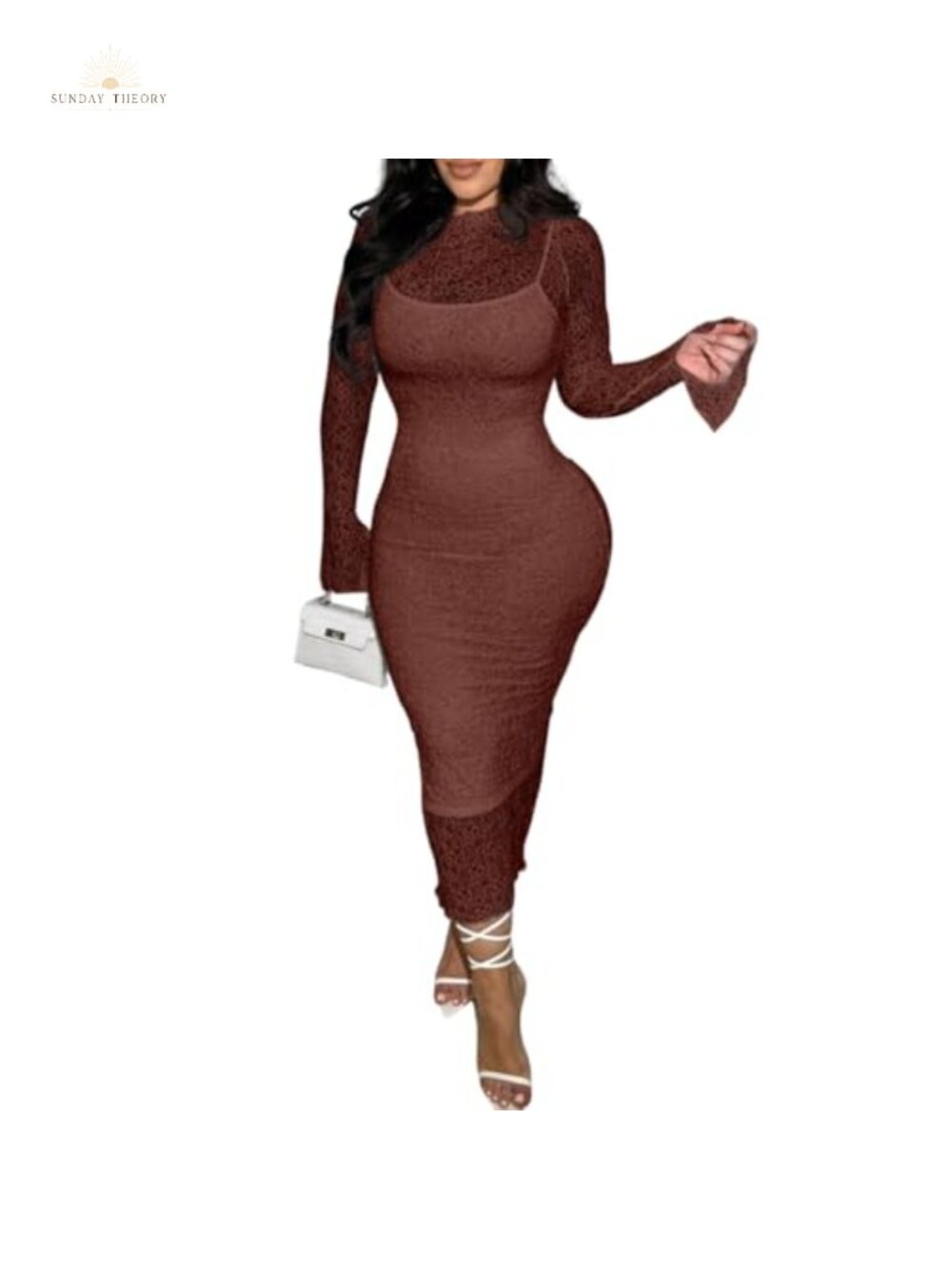 Womens Lace Bodycon Midi Dress Set Long Sleeve Sexy Night Out Party Outfit
